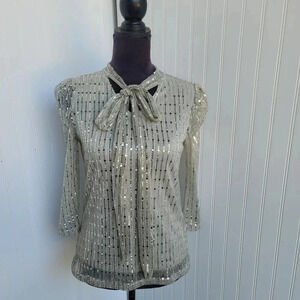 Love Ever After Womens Gold Sequin Metallic Knit Top Lined Blouse 3/4 Sleeve S